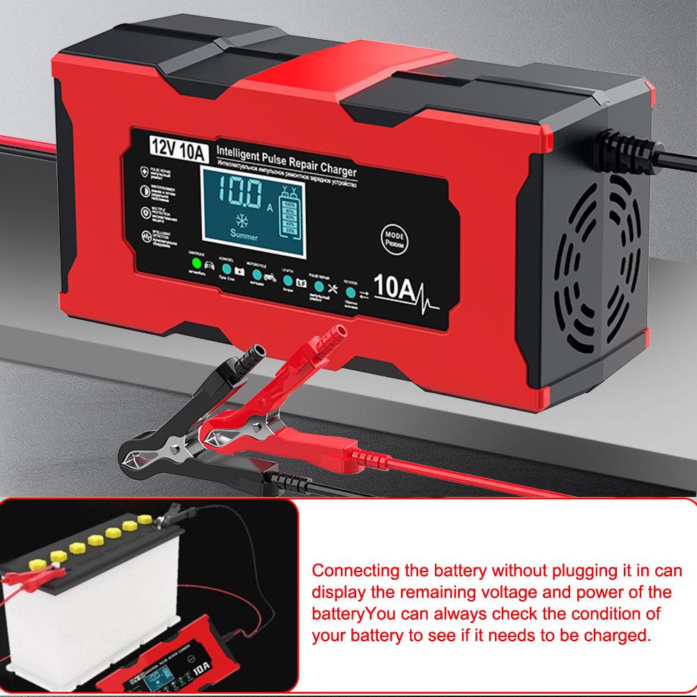 Car Battery Charger Multiple Protection 14.6V 10A Iron Lithium Charger Pulse Repair 12V 10A Smart Battery Charging EU/US Plug Digital LCD Display