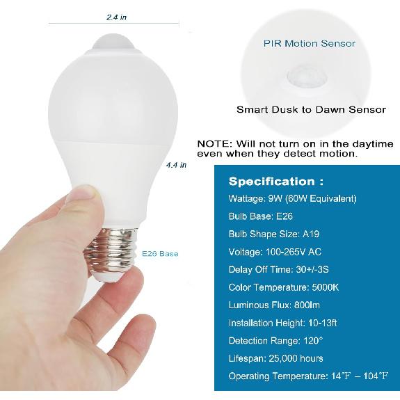 Bewegungssensor-Glühbirnen für Außen und Innen, 9W A19 Bewegungsmelder LED-Birne, 60 Watt Äquivalent, E26 800lm 5000K Tageslicht, Dämmerung bis Morgengrauen Bewegung