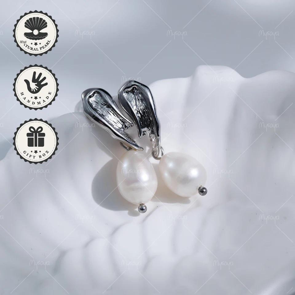 MYSOYA 8-9mm Freshwater Pearl Earrings with Silver Accent, White Rice Shape, C460 U.S. серебряный