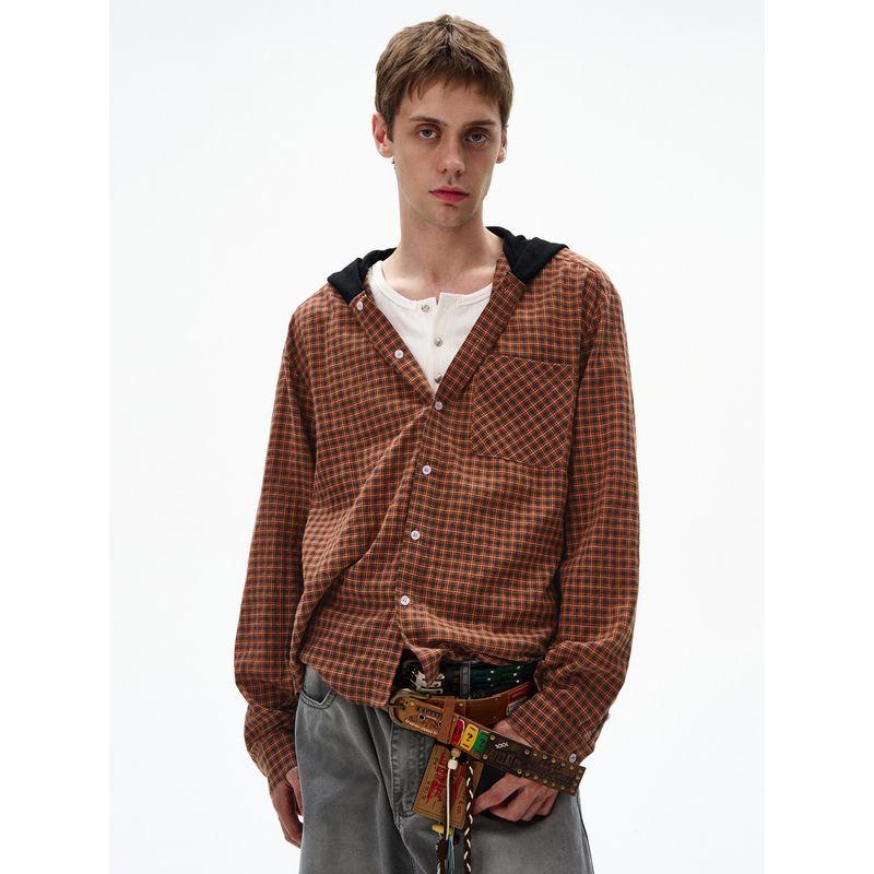 Madwitch Retro Plaid Hooded Long-Sleeved Shirt for Men and Women, Loose Casual Vibe, Versatile for Work Clothing, Early Autumn Shirt