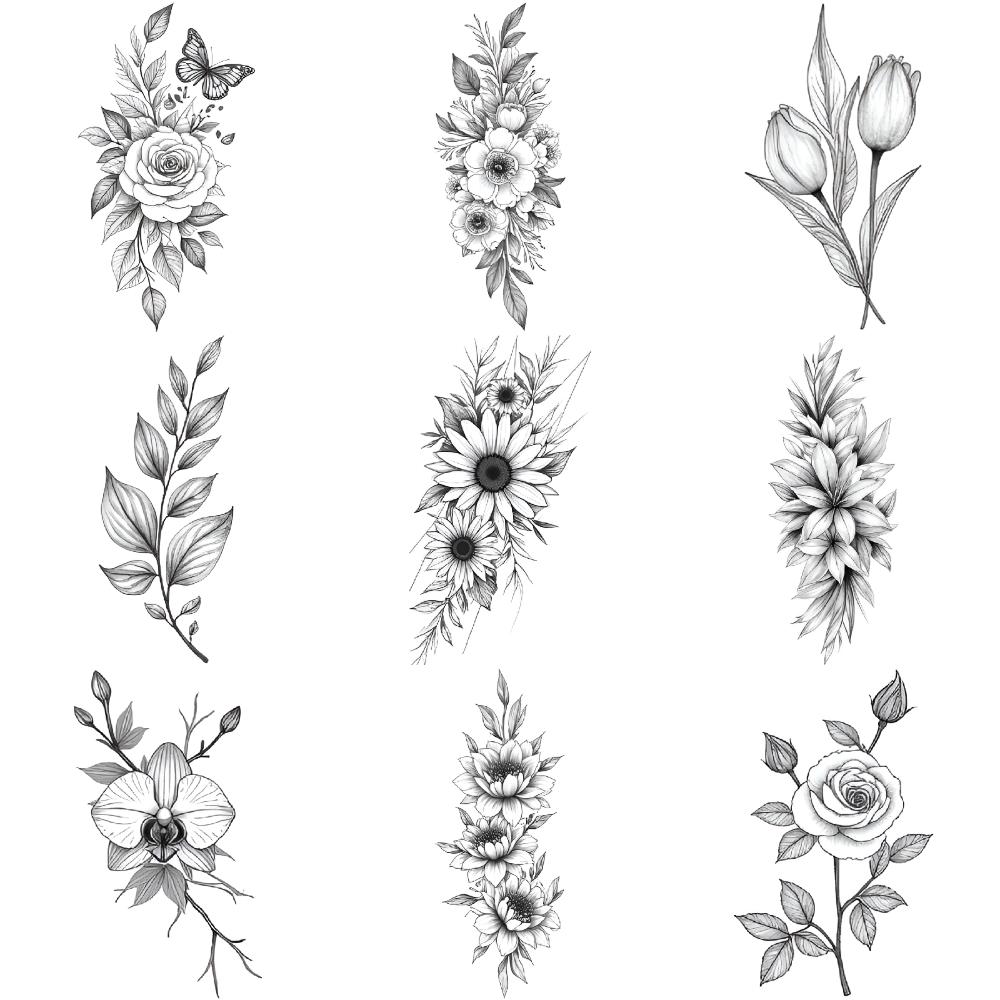 9 Piezas Tatuaje Temporal Impermeable Duradero Pegatinas Corporales Mariposa Con Flores Ramo De Flores Arreglo Floral Para