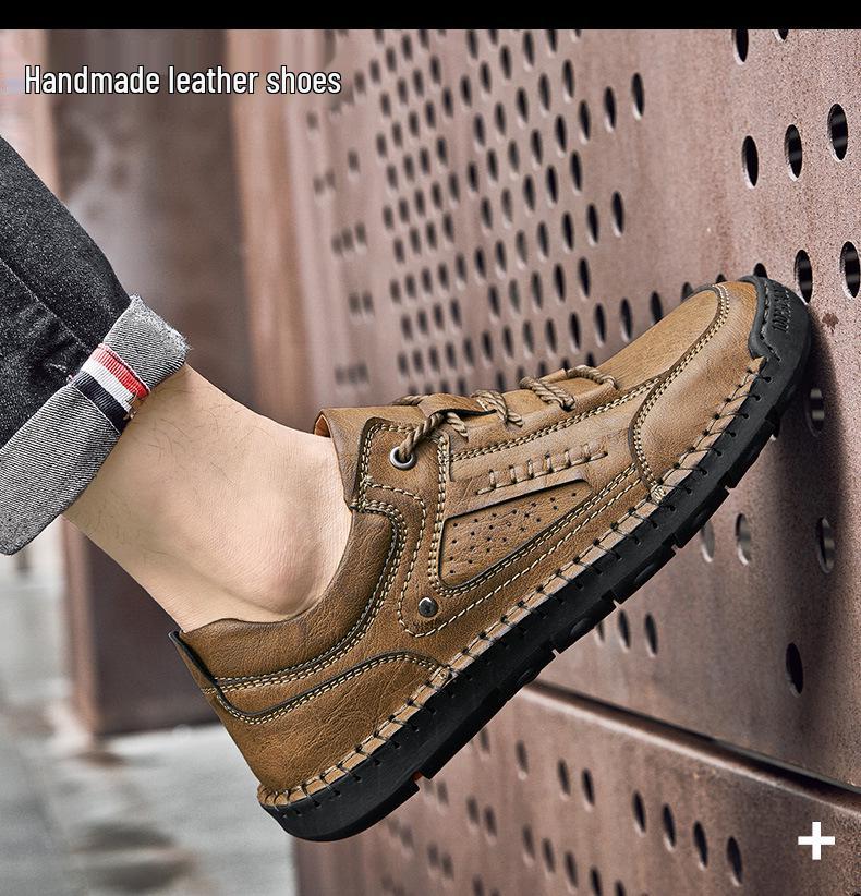 2025 Plus Size Hand-stitched Men's Leather Slip-on Casual Low-top Shoes for Spring