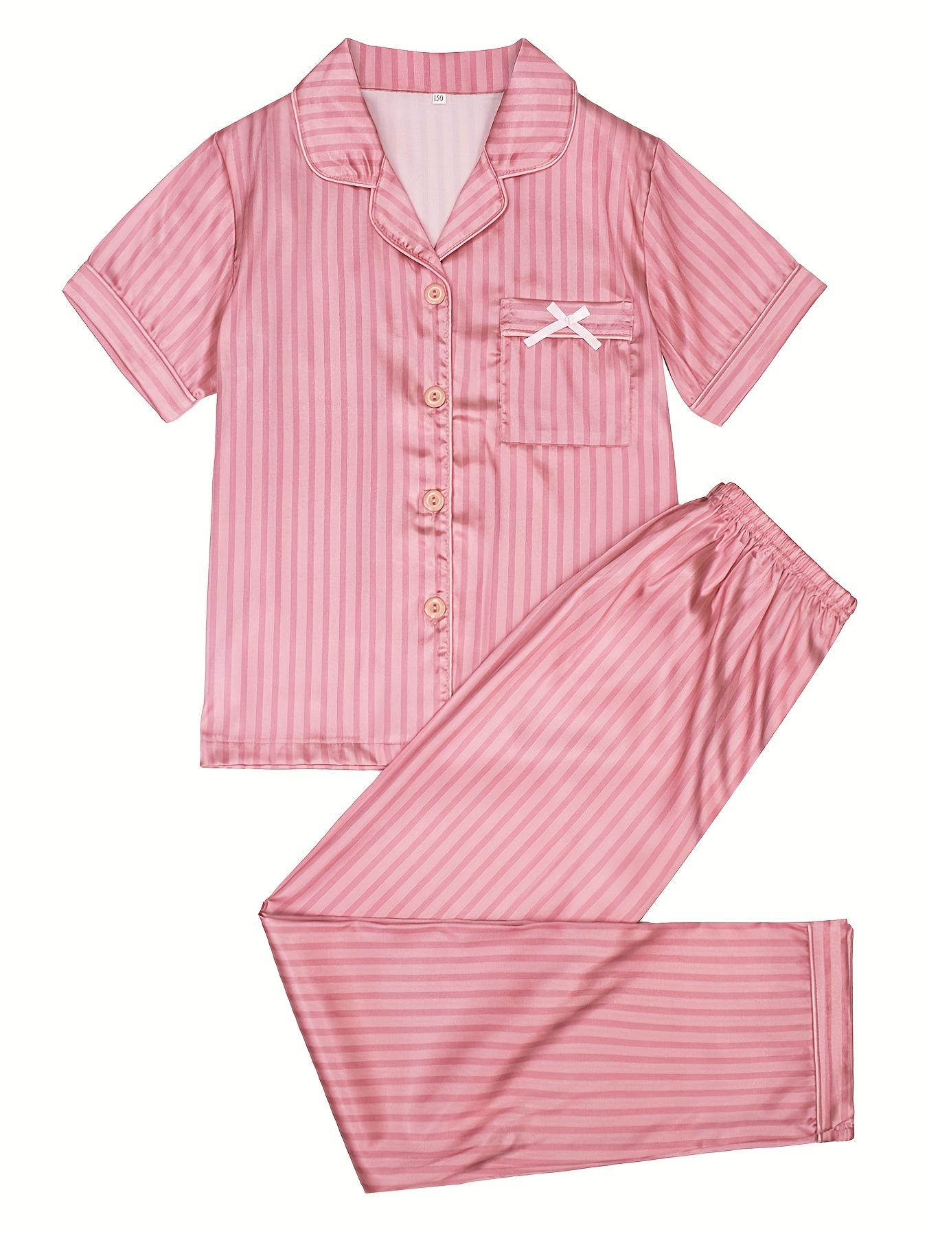 

Летняя пижама для девочек из розового атласа в полоску - легкая детская одежда для сна из искусственного шелка. 130 cm
