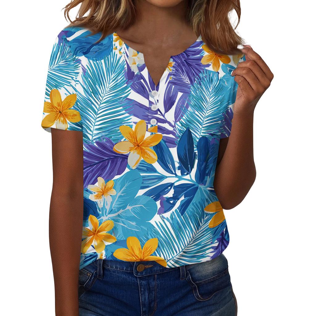 Women's Fashionable Casual Hawaiian Print V-neck Short-sleeved Button-down T-shirt Top