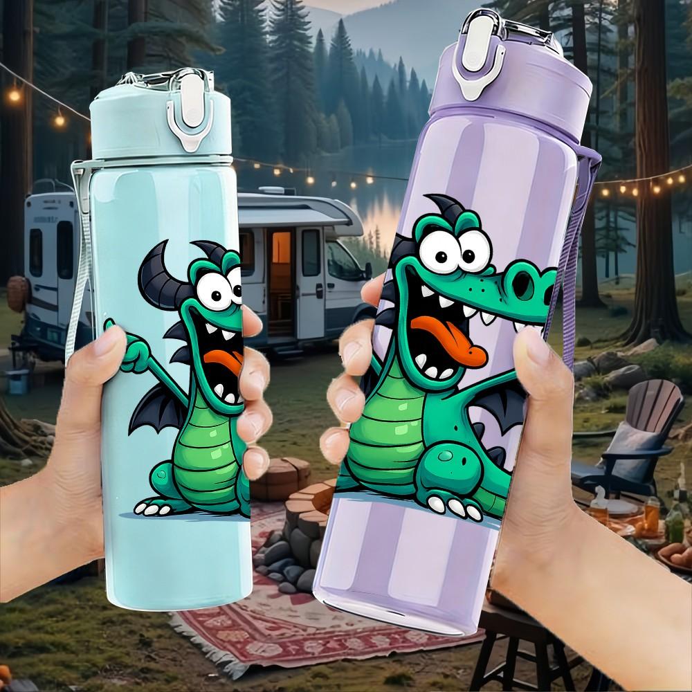 1PC Green Cartoon Dragon 750ml Color Plastic Sports Water Bottle Leakproof Flip Straw Lid Suitable for Sports Office Home Use