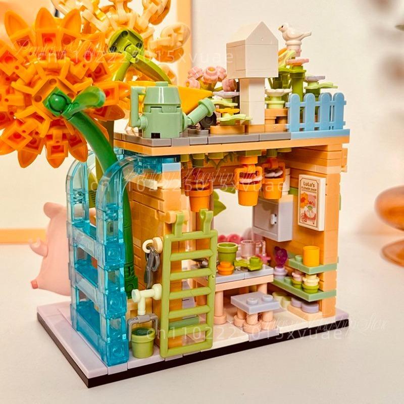 SEMBO LULU Pig Building Blocks Flower Shop and Burger Shop Assembly Street View Models Toys Desktop Decoration Holiday Gifts