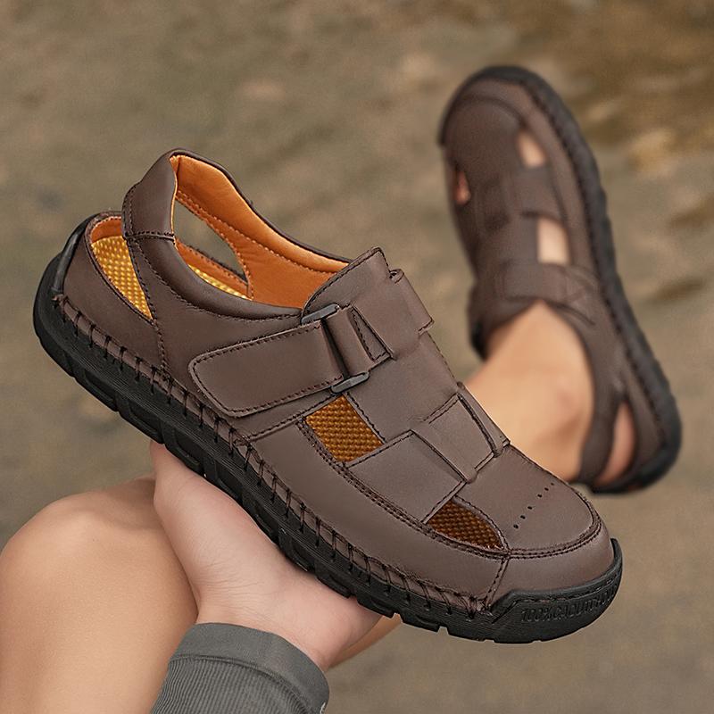 Summer Men's Leather Beach Sandals Pure Handmade Mens Closed Toe Sandals
