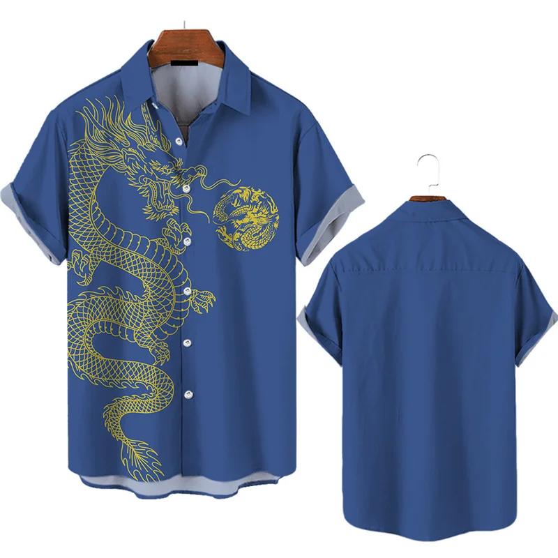3D Dragon Printing Men's Short Sleeve Shirts Casual Fashion Lapel Buckle Men Clothing Daily Breathable Plus Size Shirts For Men