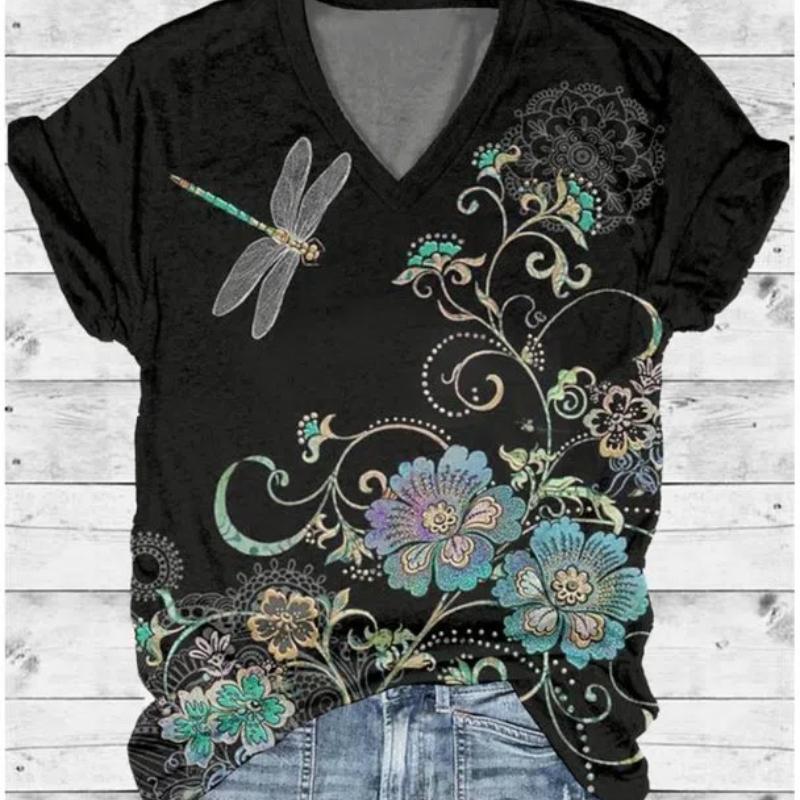 

Летняя женская футболка, топы с 3D принтом и цветочным рисунком, повседневные розово-розовые модные повседневные футболки с коротким рукавом и v-образным вырезом для девочек 8XL