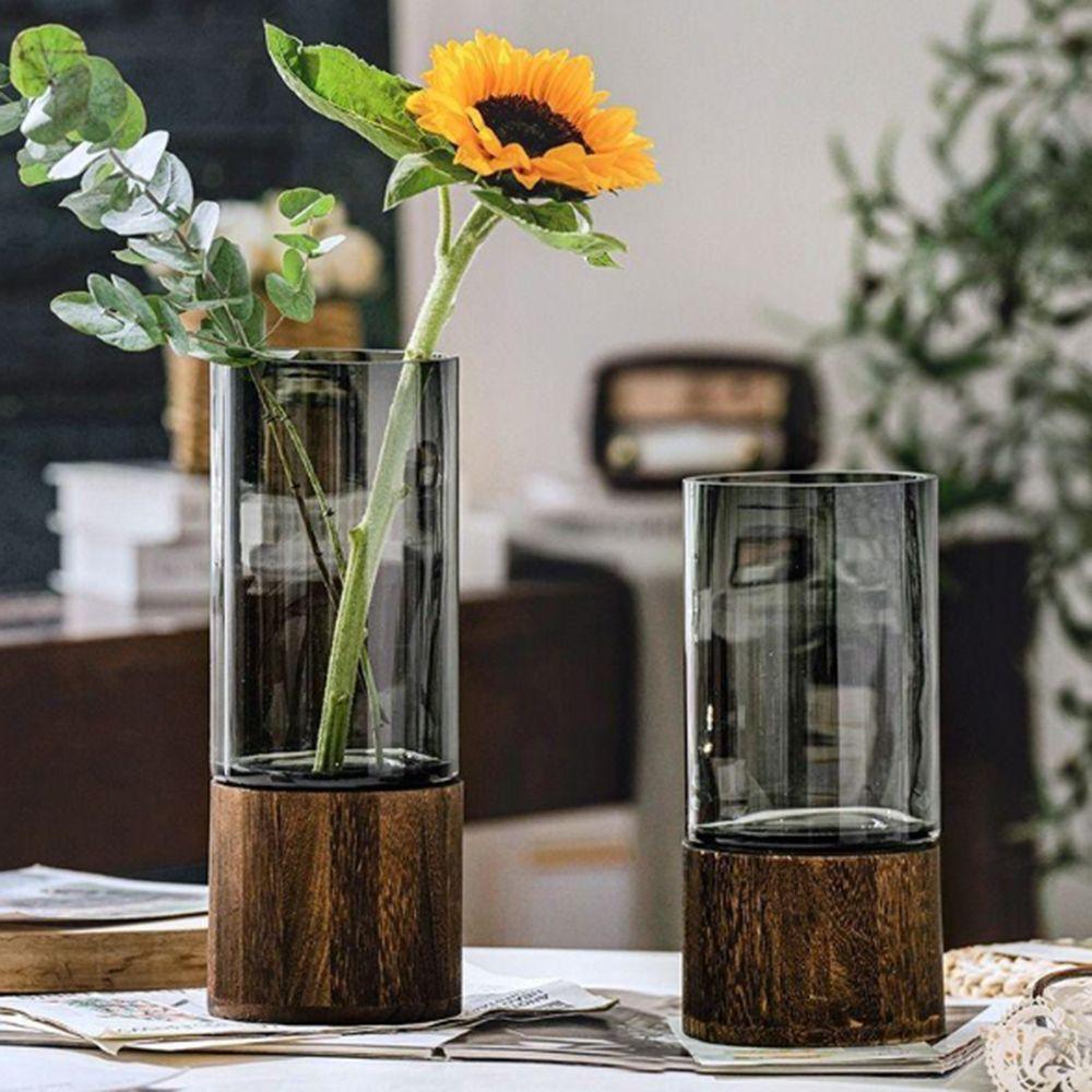 Wooden Base Transparent Flower Vase Elegant Decorative Bottles Hydroponic Flower Pot  Wedding Decor