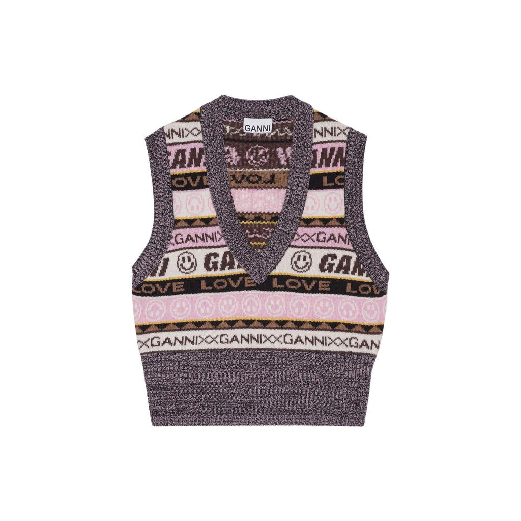 Ganni FW22 Vintage Smiley Face Graffiti Print Embroidered V-Neck Knitted Vest Women Vests Multicolor K1829-554