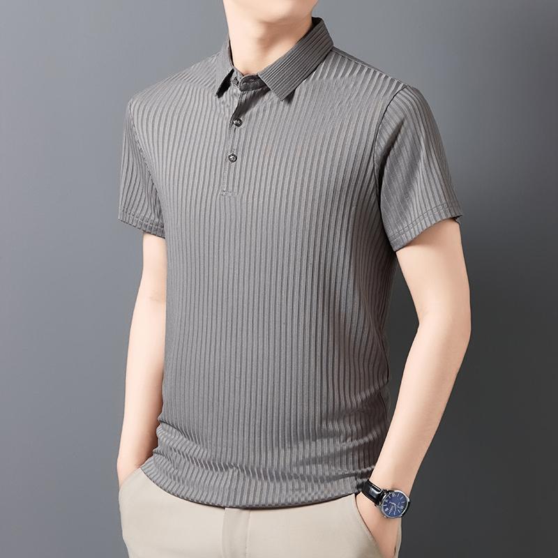 Men's Casual Fashion Striped Short Sleeved Collar Polo Shirt Breathable and Comfortable Summer Versatile T-shirt