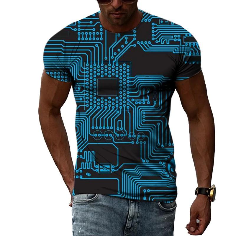 Summer Round Neck 3D Circuit Board Print T-shirts Fashionable Casual Short Sleeved Men's T-shirts