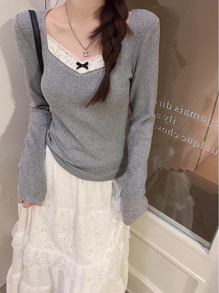 Gray Lace-Stitched Long Sleeve Top: 2024 Spring/Autumn Niche Women's Shirt