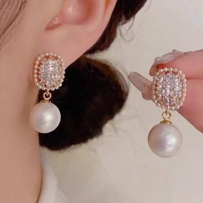 Exquisite Sparkling Zircon Imitation Pearl Pendant Earrings, Fashionable and Luxurious Wedding Banquet Jewelry Gifts for Women