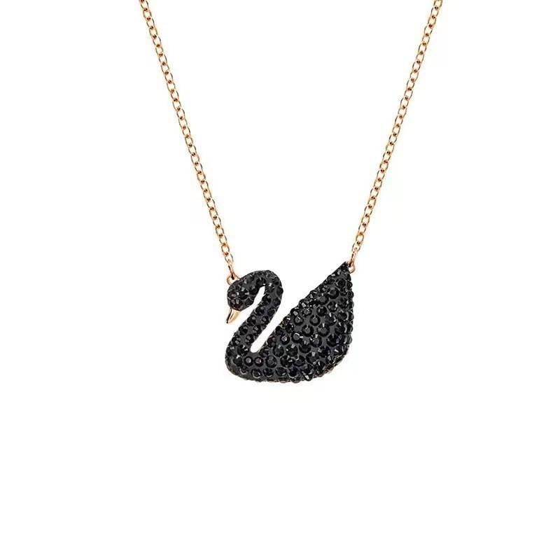Women Small Black Swan Pendant Necklace Rose Gold Shiny Crystal Clavicle Chain Fashion Jewelry Gift