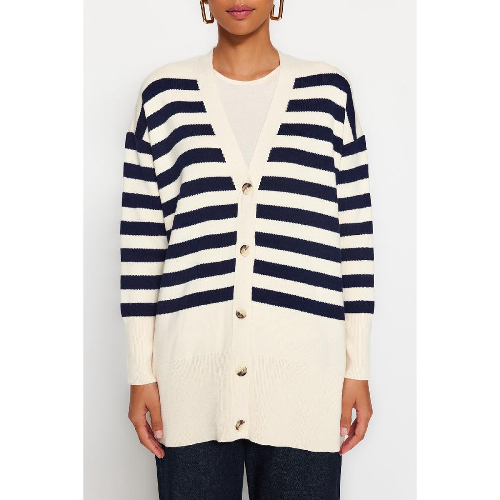 Stein Marineblau V-Ausschnitt Gestreifter Strickwaren-Cardigan Tctaw24th00034