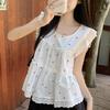 Casual Printed Shirts Summer Fashionable Lace Patchwork Women's Korean Sleeveless Vintage Loose Blouse New