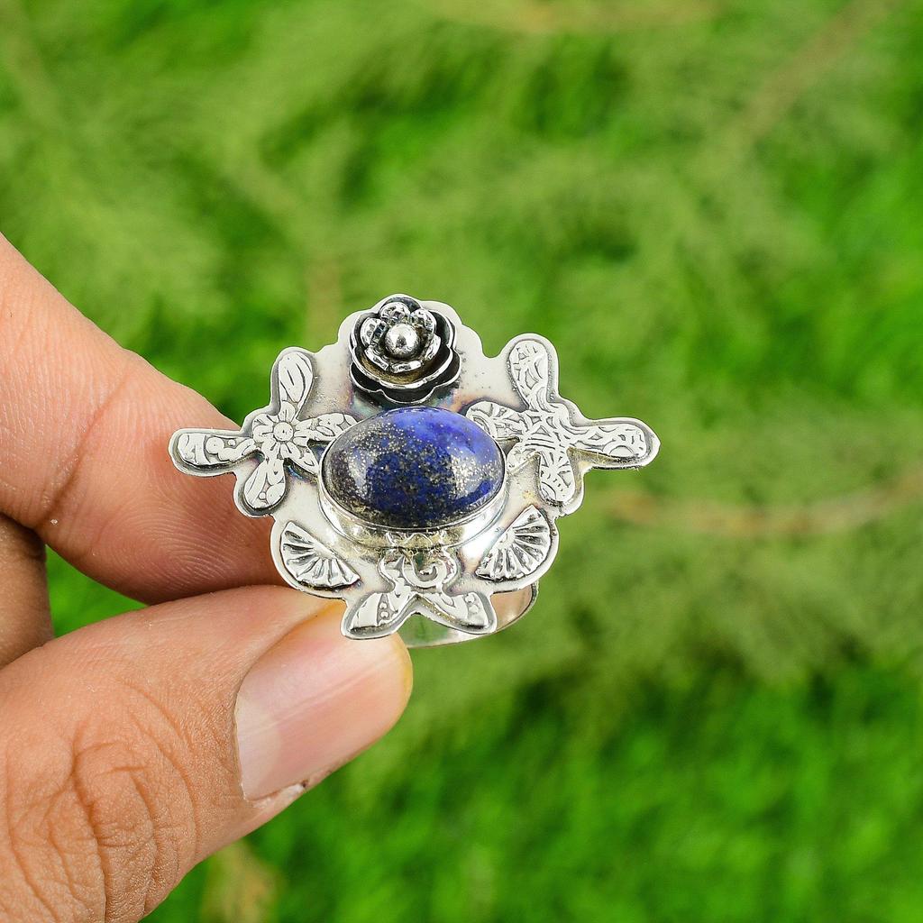 September Lapis Lazuli Stone Flower Promise Artisan Ring Jewelry Sterling Silver