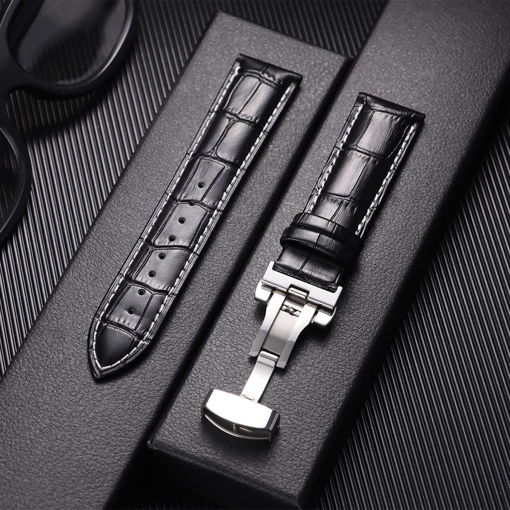 Genuine Calfskin Leather Watch Starp 12/13/14/15/16/17/18/19/20/21/22/23/24mm Universal Replacment Bands with Butterfly Buckle