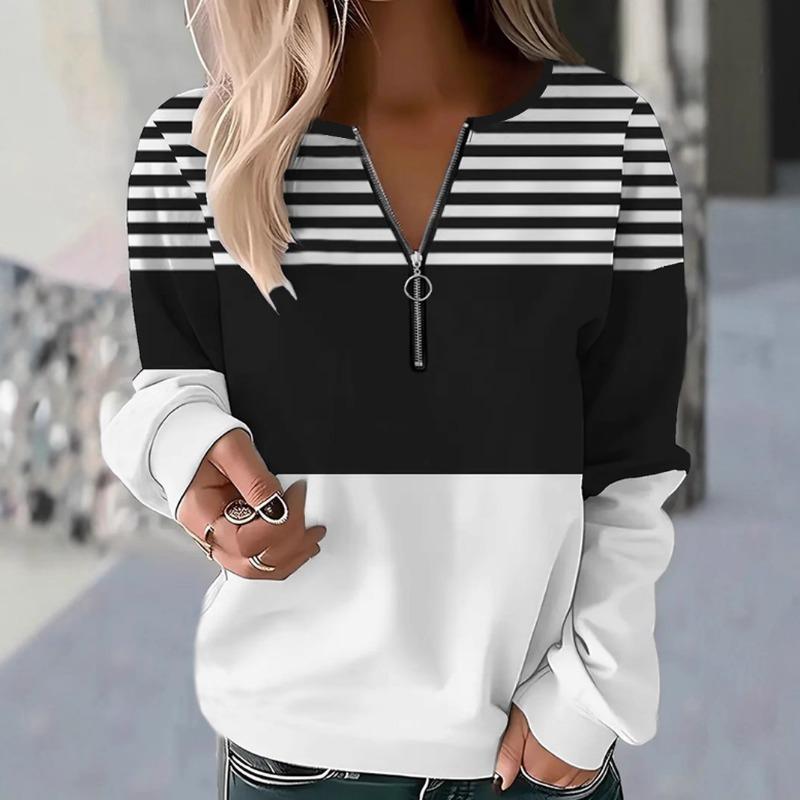 Women Casual Long Sleeve T Shirt Autumn Winter Fashion Striped Print Shirts Casual Zipper Pullover Loose