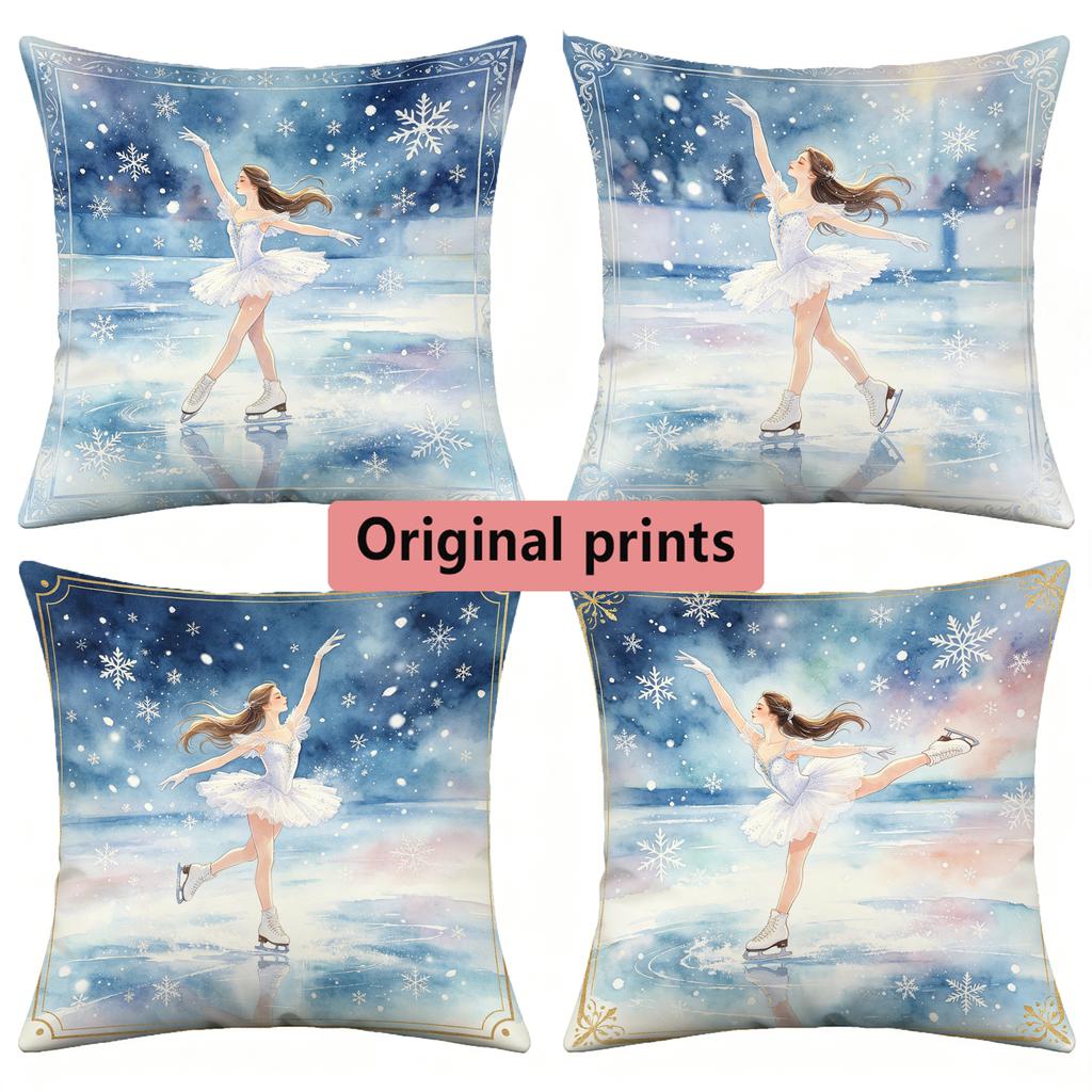 Watercolor Ice Skating Girl Throw Pillow Covers Pattern Cushion Cover Suitable for Sofa Bedroom Car Pillow Cover
