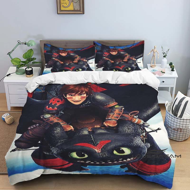 "How To Train Your Dragon" Cartoon-Print 3-Piece Bedding Set — Duvet Cover & Pillowcases (Suitable for Teens & Children — Boys &