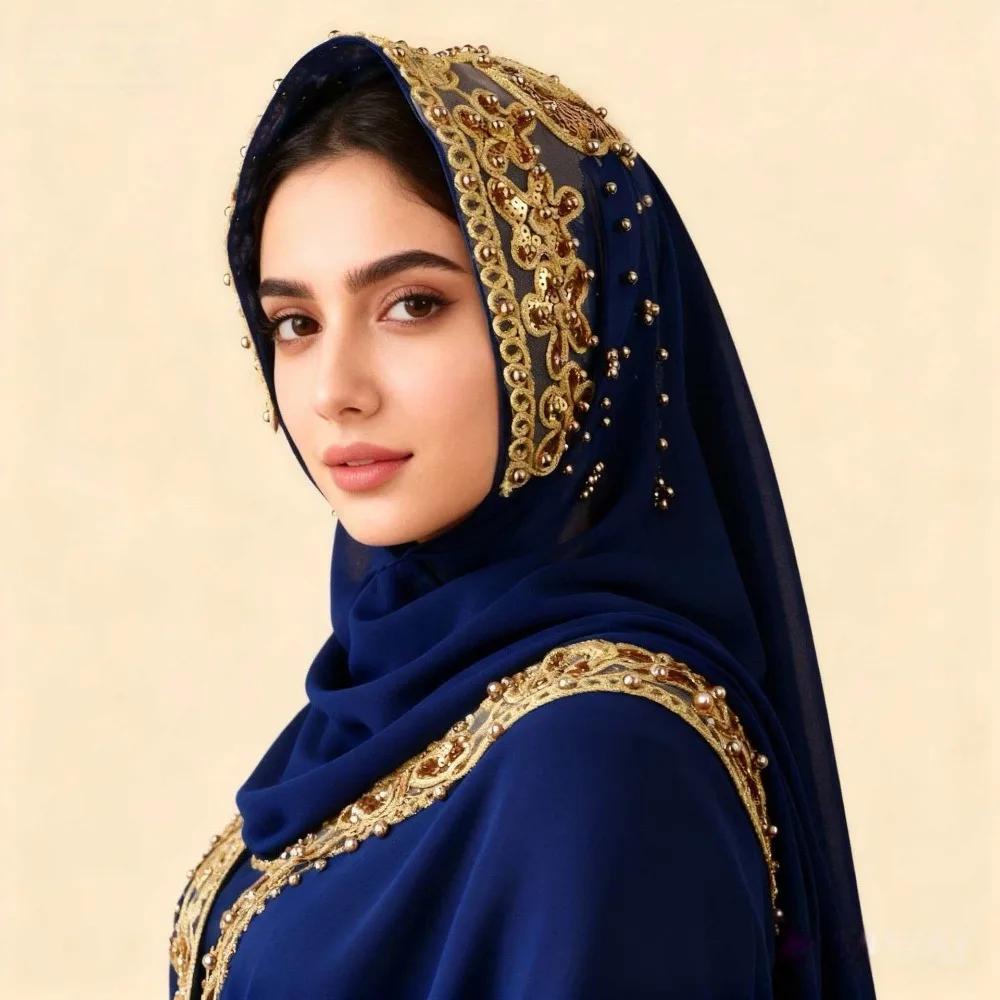 Fashion Silk Pearl Chiffon Hijab Scarf Gold Beads Long Islamic Turban All-march Thin Women Headscarf Women