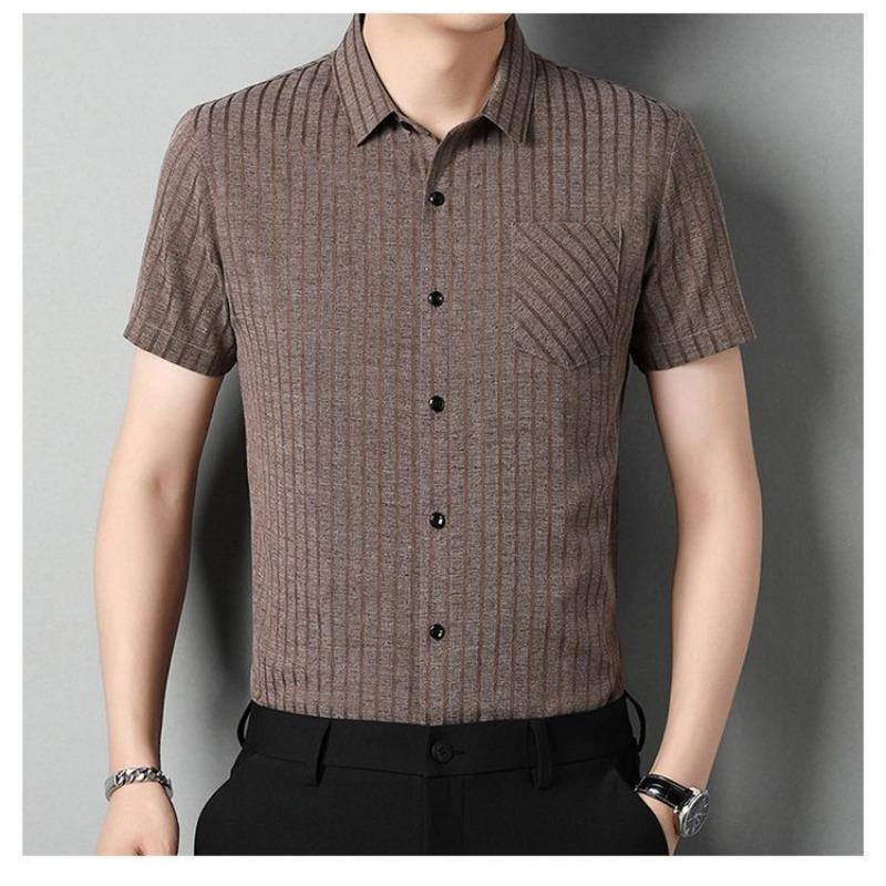 Men's Casual Short Sleeve Striped Shirt Breathable Lightweight Button Down Shirt With Chest Pocket