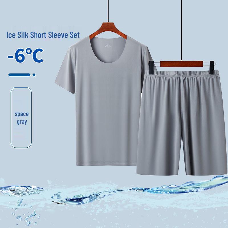 Ice Silk Short Sleeve Summer Pajama Set - Seamless Round Neck, Lightweight Home Sportswear