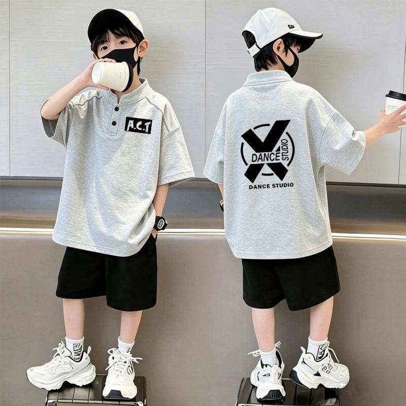 Boys' Cartoon Print Pure Cotton Polo Shirt Set – Short Sleeve, Stand Collar, Sizes 6-12.