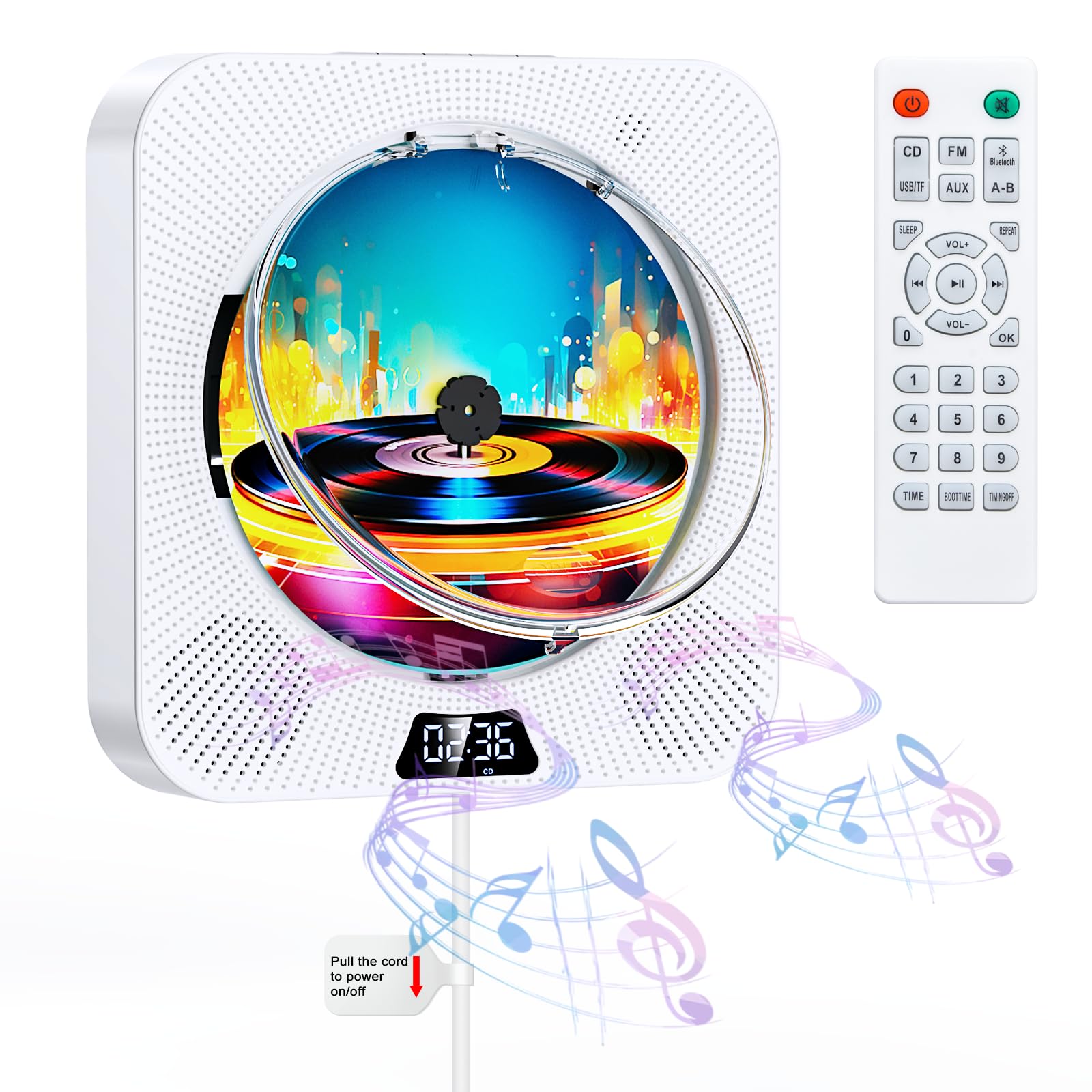 

KOVCDVI CD Wall Hanging Tabletop Bluetooth Portable CD Supports 5 Modes including Compatible with TF Repeat Timer Listening to PSE Certification