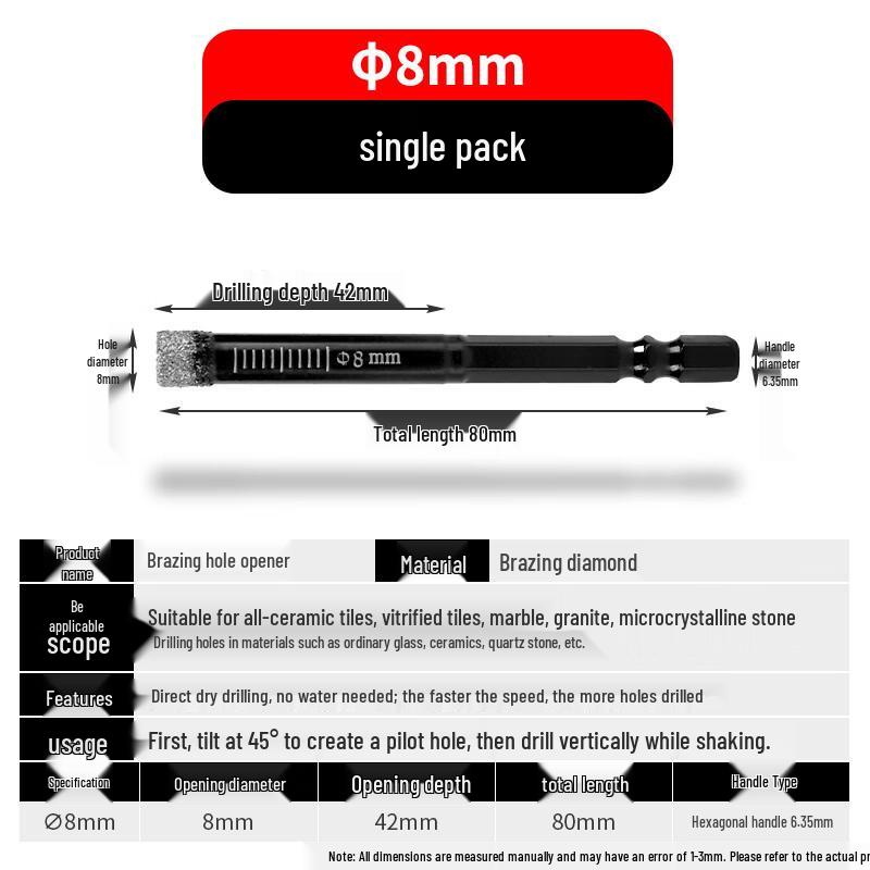 Hex Shank Hole Drill Bit for Glass, Marble, Ceramic, and Porcelain Tiles - Dry Use