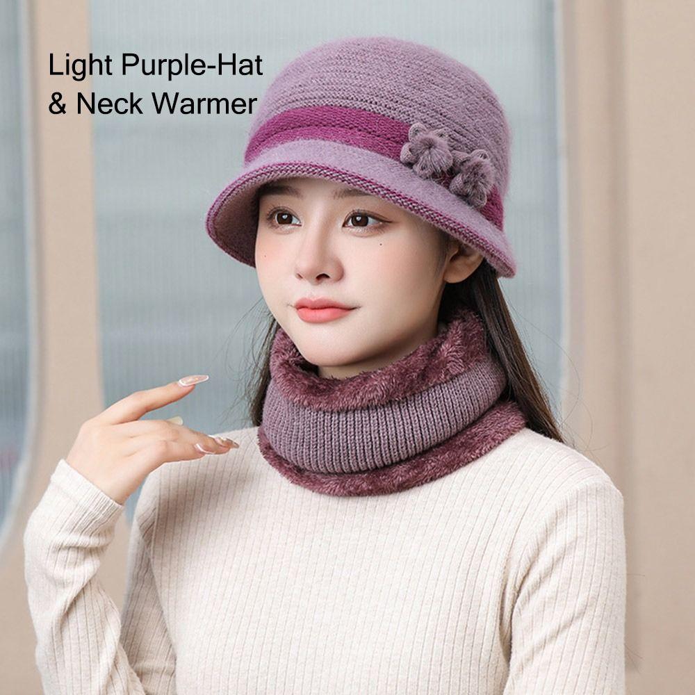 Outdoor Elderly Middle Aged Winter Beanie Hat Scarf Fleece Lining Warm Knit Bucket Hat Windproof Hat Scarf Set for Women