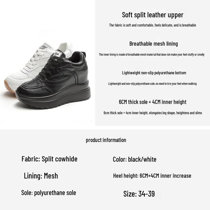 Women's 2025 Spring Height-Increasing White Sneakers - 10CM Thick Sole, Genuine Leather, Casual Sports Shoes