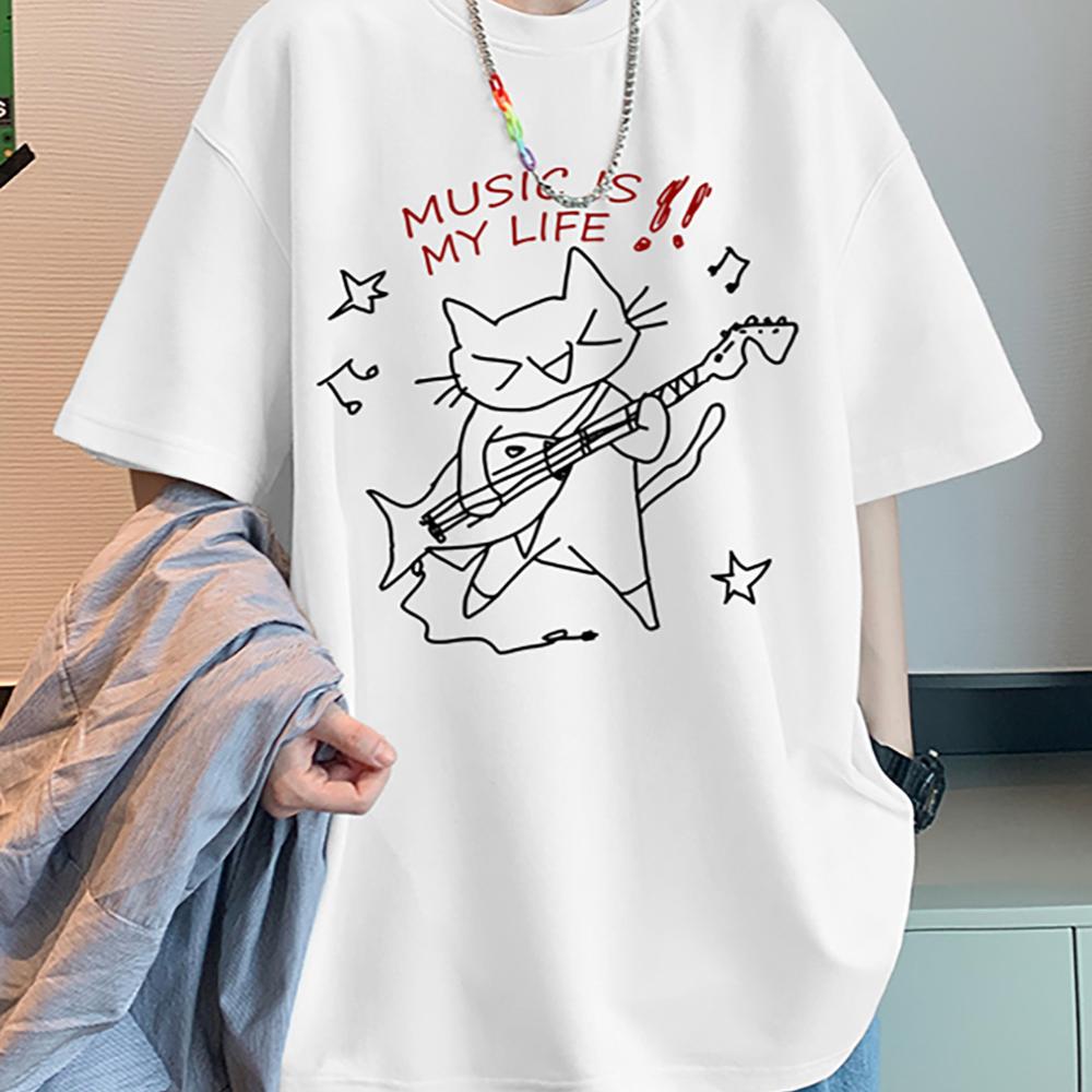Rock Cat Music Is My Life Pattern Printed T Shirt Women and Men Casual Loose Rock Funny Round Neck Short Sleeve Top Unisex