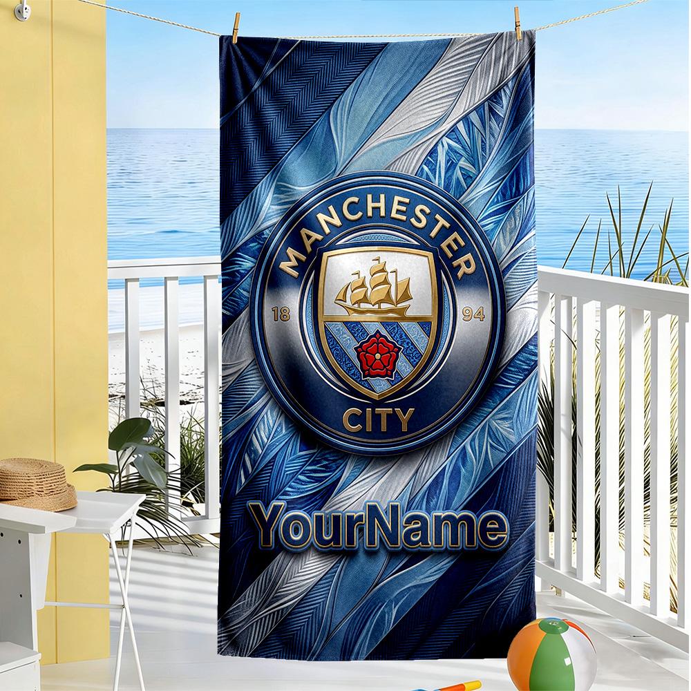 Manchester City Personalized Text Beach Towel Super Soft & Absorbent Suitable for Swimming Gym Camping Yoga Vacation