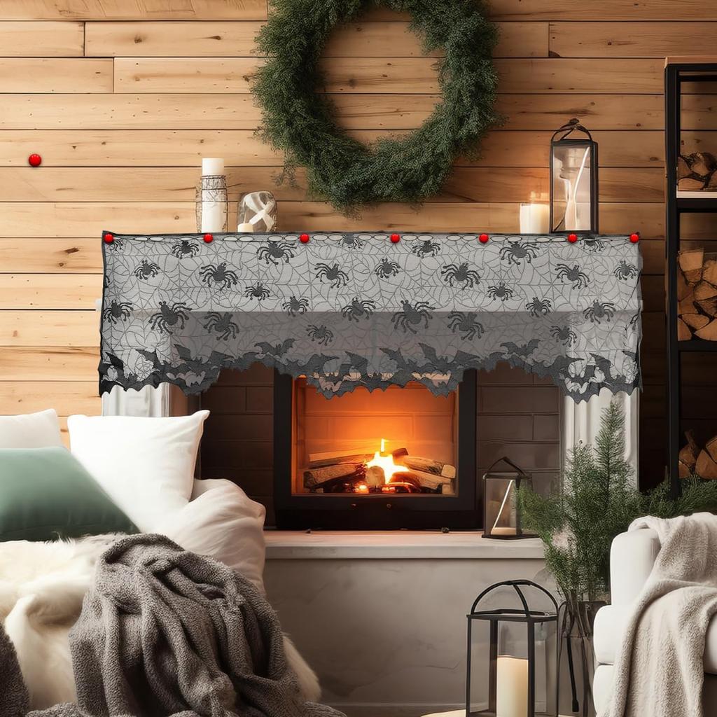 BESTOYARD Halloween Lace Window Curtain with Spider and Bats Design, Sheer Curtain for Indoor, Lampshade, Fireplace Cloth, Spooky Ghost Festival