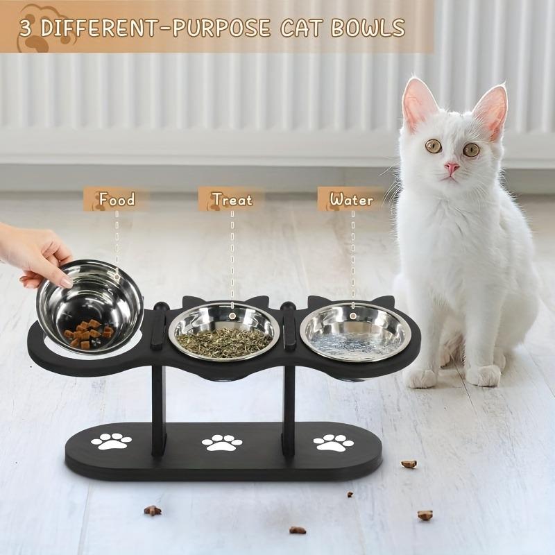 15° geneigter Futternapf für Haustiere mit auslaufsicherem Holzsockel und 3 Edelstahlnäpfen, ideal für Futter und Wasser von Katzen und kleinen Hunden.