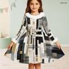 Girls Furry Trim Neck Long Sleeve Geometric Printed A Line Flared Dress With Waist Bow