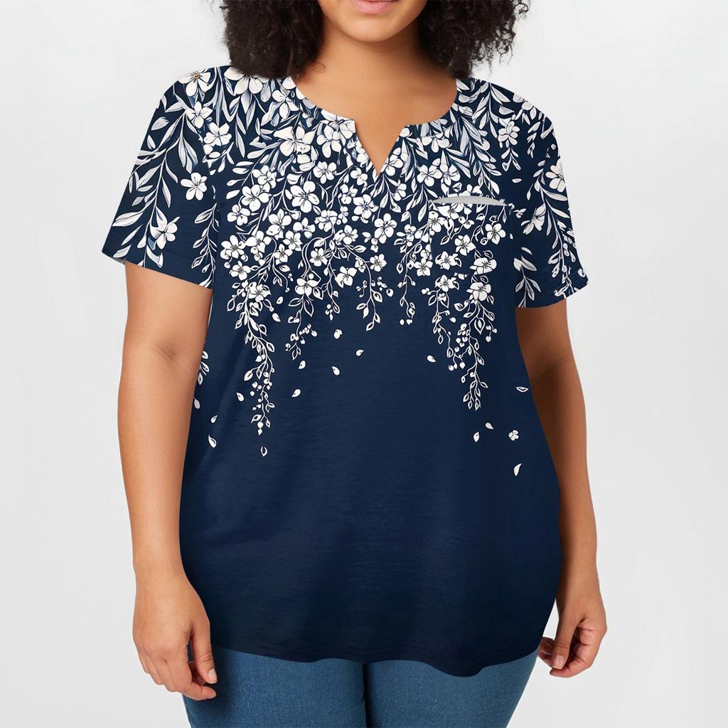 Women's Large Size T-Shirt Casual Tie-dye V-Neck Short Sleeve Pocket Top