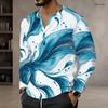 Men s Plus Size Notch Neck Long Sleeve Blue White Abstract Wave Printed Pullover Shirt