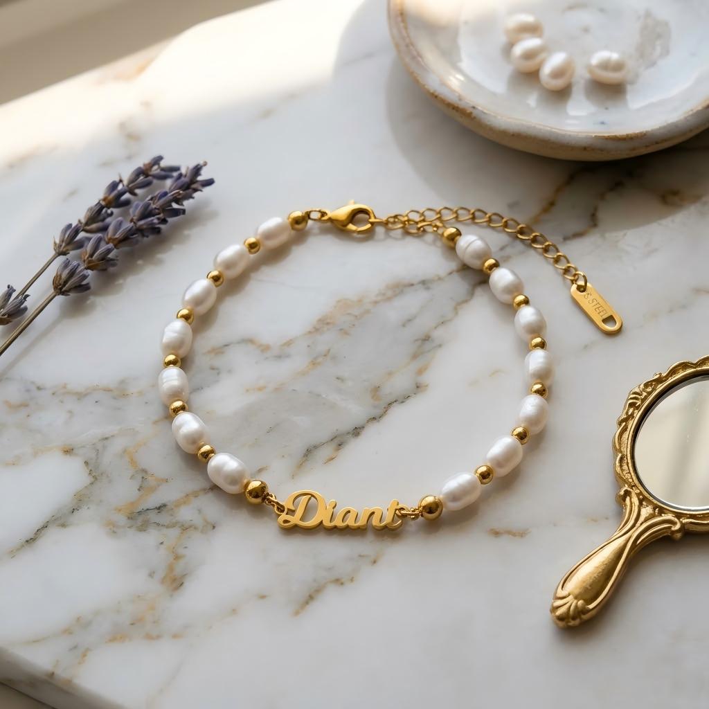 Custom Name Personalized Pearl Bracelet 18K Gold Plated Stainless Steel Tarnish Free Freshwater Pearl Name Bracelet OEM Jewelry