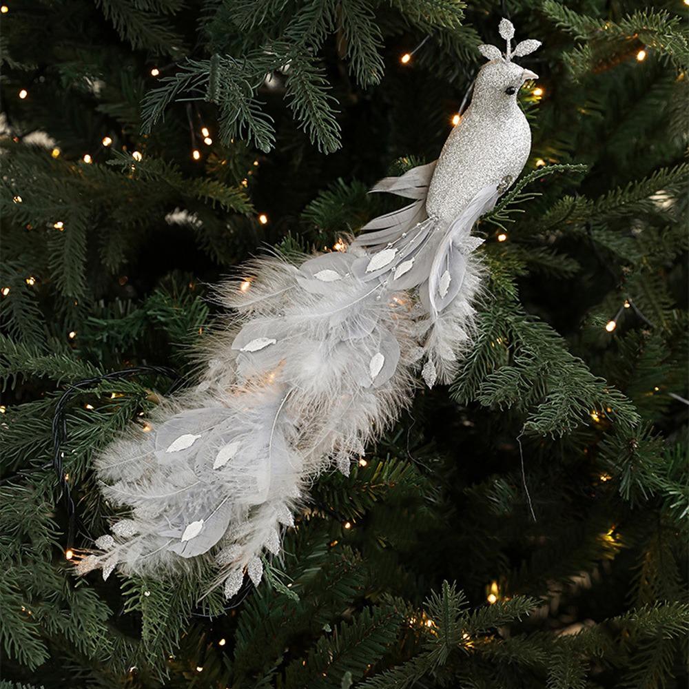 Realistic Christmas Peacock Ornaments Long Tail Peacock Bird Figurine  Home Party Decor