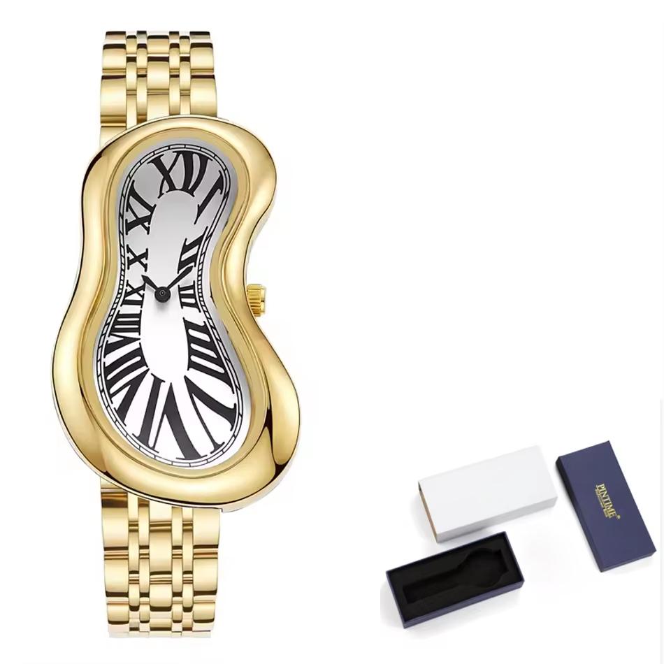 New Y2K Fashion Creative Men Women Soft Melting Silver Watch Luxury Streetstyle Irregular Shape Dial Unique Design Quartz Watch