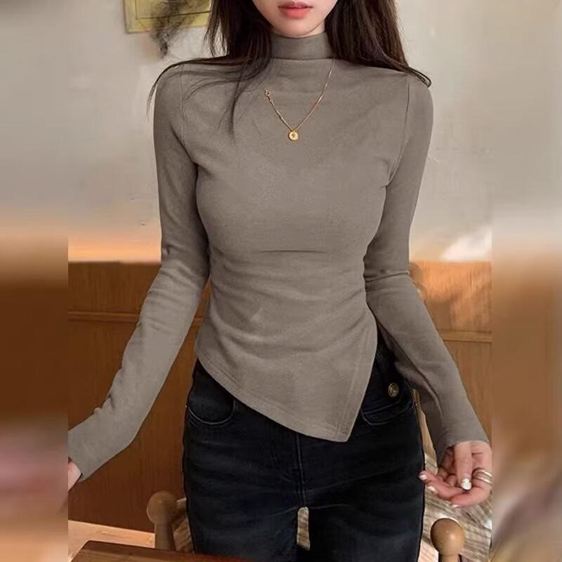 

Женский серый топ облегающего кроя - Бархатный полувысокий воротник, асимметричная прямая линия плеча, коллекция осень/зима 2024 Small темно-серого