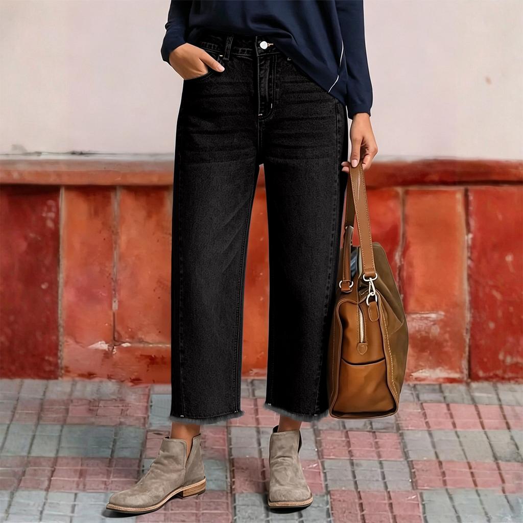Women's Classic High Waist Denim Jeans Wide Leg Cropped Pants Casual Straight Fit Stretch Fabric Comfortable Design