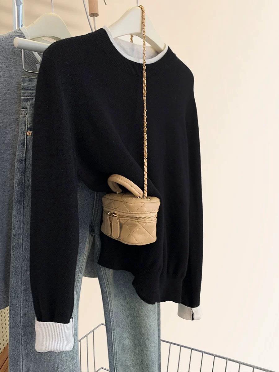 

Корейский кардиган из шерсти с кружевной вставкой в стиле пэчворк и толстыми длинными рукавами Large чёрный