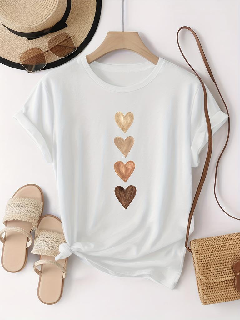 Women's Casual Short SleeveT-Shirt with Four Heart Graphic Print Urban Style Printed T-Shirt Simple Design Showing Elegant Style