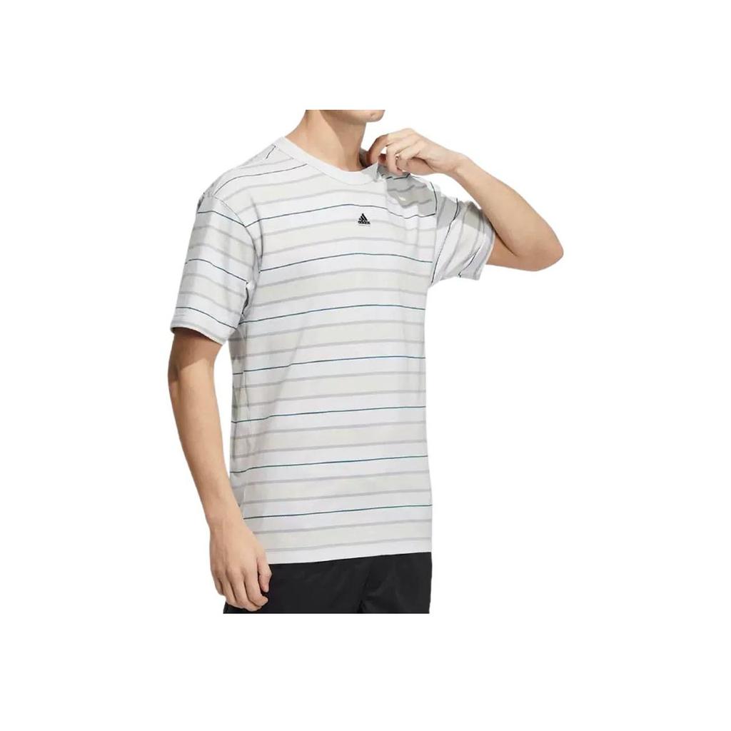 Adidas Straight-Leg Logo Stripe Casual Short Sleeve T-Shirt Men Tops White HS4382